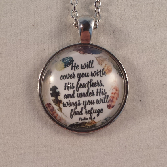 Psalms 91:4 Bible Verse Cabochon Pendant Necklace - Picture 2 of 4